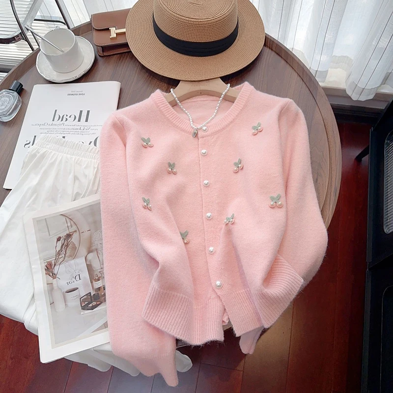 Sweet Sweater Cardigan Women 3D Pearl Kawaii Soft Knit Tops Jacket Korean Fashion All Match O Neck Long Sleeve Sweater Coat New