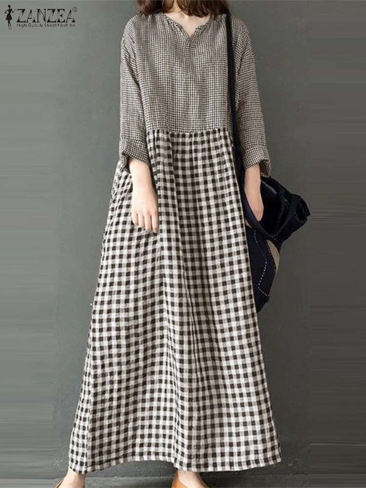 ZANZEA 2025 Spring Women Long Dress Loose Casual Vintage Gingham Patchwork V Neck Maxi Dress Long Sleeve Check Holiday Vestidos