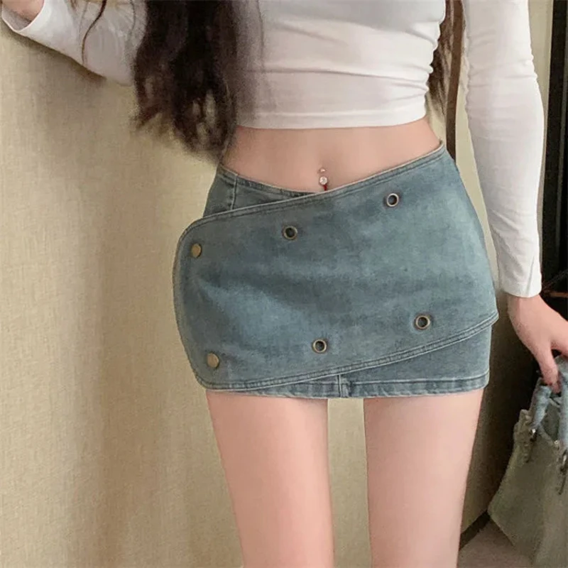 

Jeans Mini Skirt Women 2025 Summer Dropped Waist Irregular A-line Denim Skirts Sexy Spicy Girls Design Y2k Skort