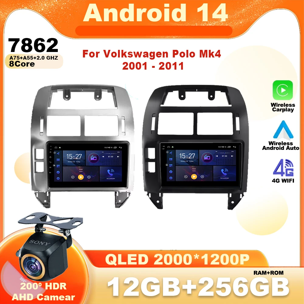 For Volkswagen Polo Mk4 IV 4 2001 -2011 2K QLED Android 14 Car Radio Multimedia Video Player GPS AI Voice CarPlay 4G Stereo