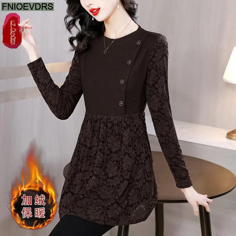 M-5XL New Year Black Lace Tops Women Winter Basic Warm Wear Button Retro Vintage French Design Shirts Velvet Tops Blouses