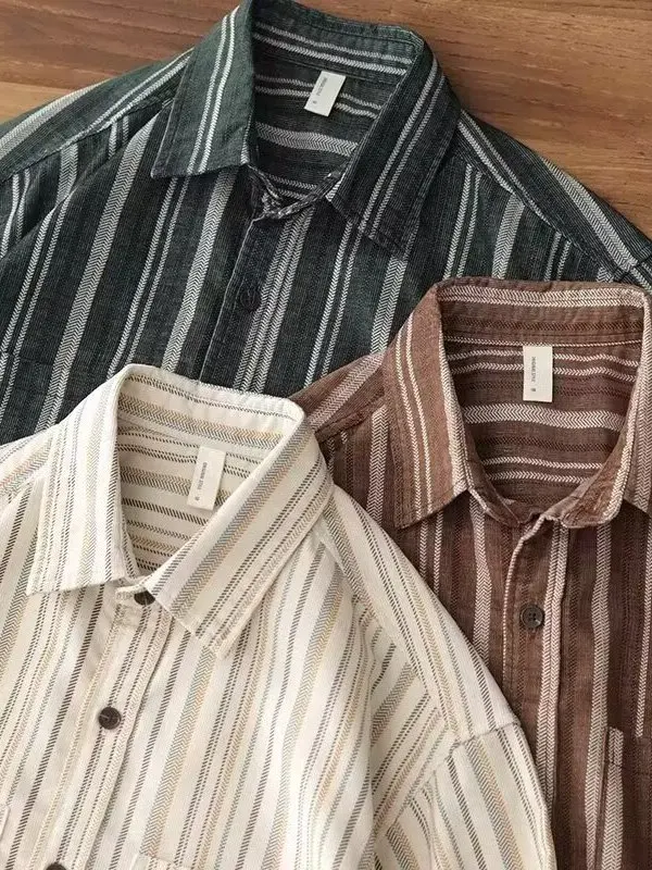 

Retro Japanese Sle Men's Long Sve Corduroy Striped irt Loose Casual Faion Autumn Wear Comfortable Breathable Skin-Fr...