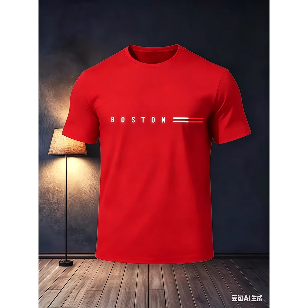 High Quality Men's Basic Cotton Summer Loose Boston Creative Letter Print Casual Slim Fit Round Neck Short Sleeved T-shirt Top