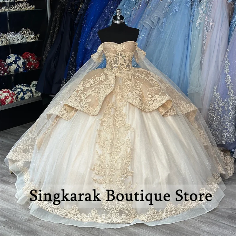 Robe de princesse Quinceanera en dentelle, robe de Rhgonflée, appliques de fête d'anniversaire, champagne exquis, 16 ans, doux