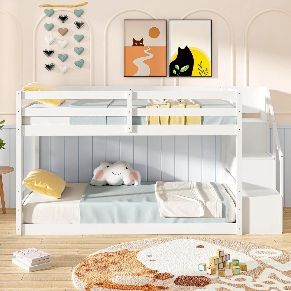 Twin Over Twin Bunk Bed with Stairs, Solid Wood Floor Bunk Bed with Storage Staircase & Full-Length Guardrails, Low Bunk Beds