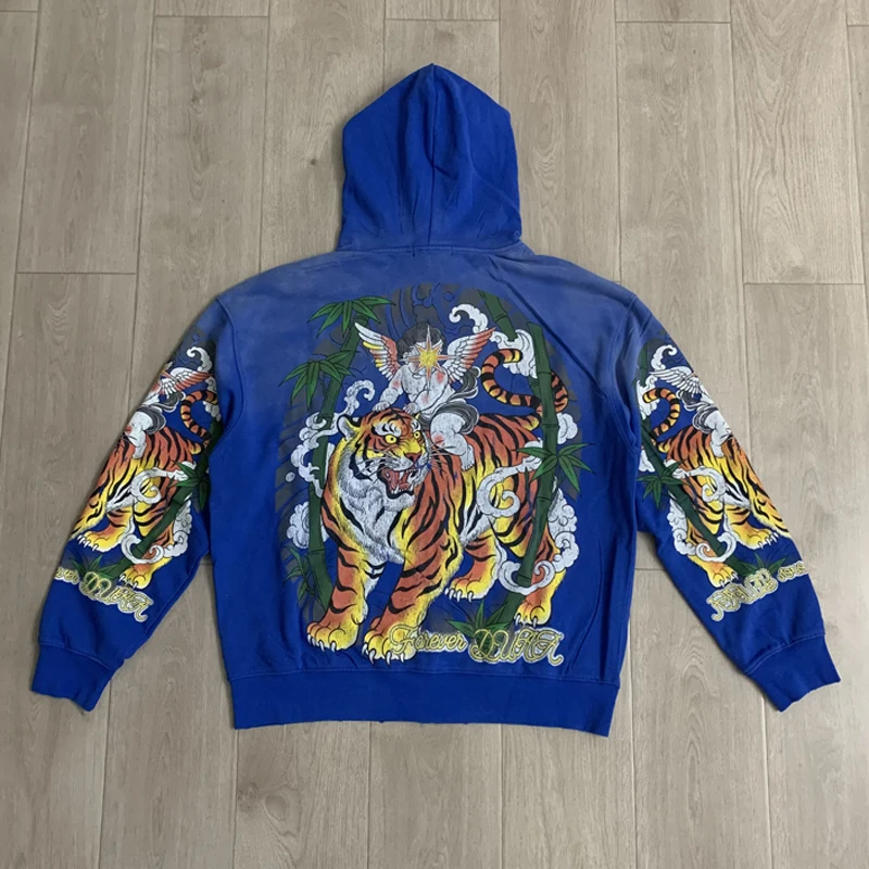 Daily Casual DUAA Hoodie Vintage High Quality Rhinestones Zipper Sweatshirt Hip-hop Ripped Hole Do Old Duaa Pullovers