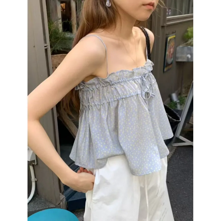 Sweet Floral Print Drawstring Strap Vest Top Women's Summer Fashion Bloggers Style Short Regular Fit Polyester Fiber