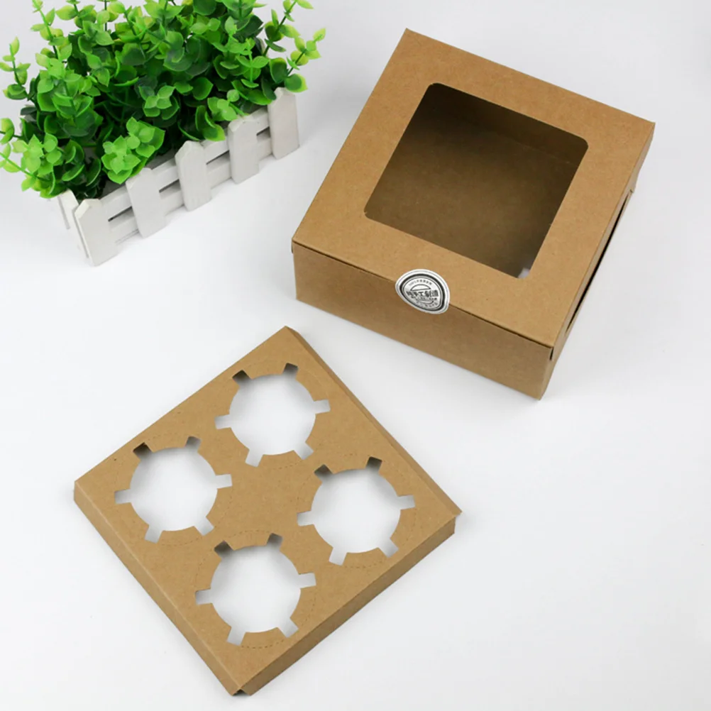 

4 Cavities Kraft Paper Cupcake Box Food Grade Windowed Bakery Dessert Container Secure Insert Cupcake Box 4 Cavity