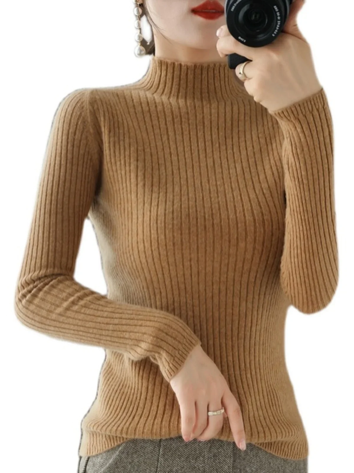 

Women Sweater Autumn Winter Thick Warm Slim Fit Sweaters Solid Long Sleeve Fashion Korean Jumpers Half High Collar Knitwears
