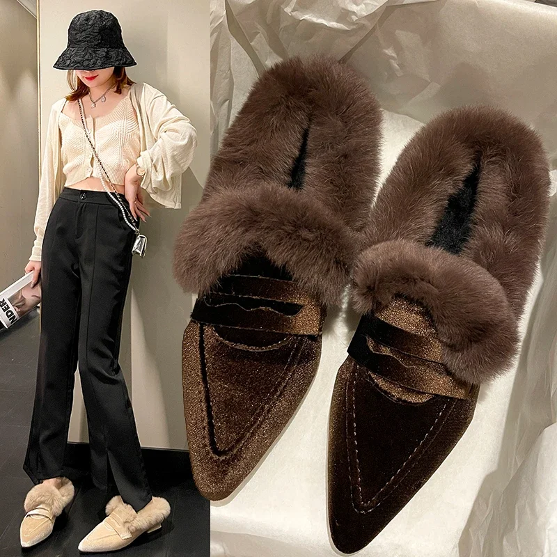 2024 Fur Women Flats Cotton Boots Pointed Toe Suede Warm Shoes Winter Designer Snow Boots Short Plush Walking Sexy Lady Shoes