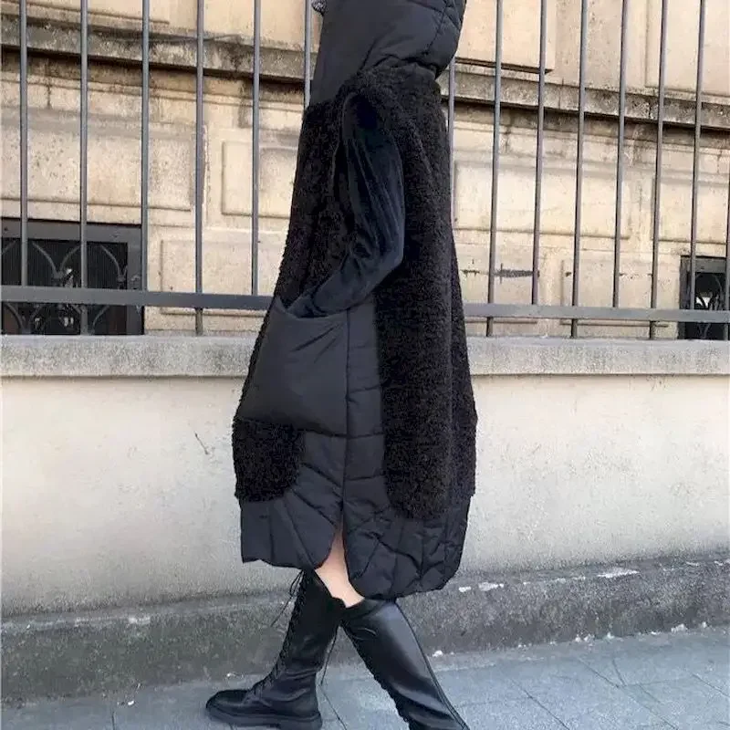 Fashion Hooded Vest Jackets 2025 Autumn Winter Large Size Loose High Waist Medium Long Lamb Wool Stitching Thickened Vests Coat