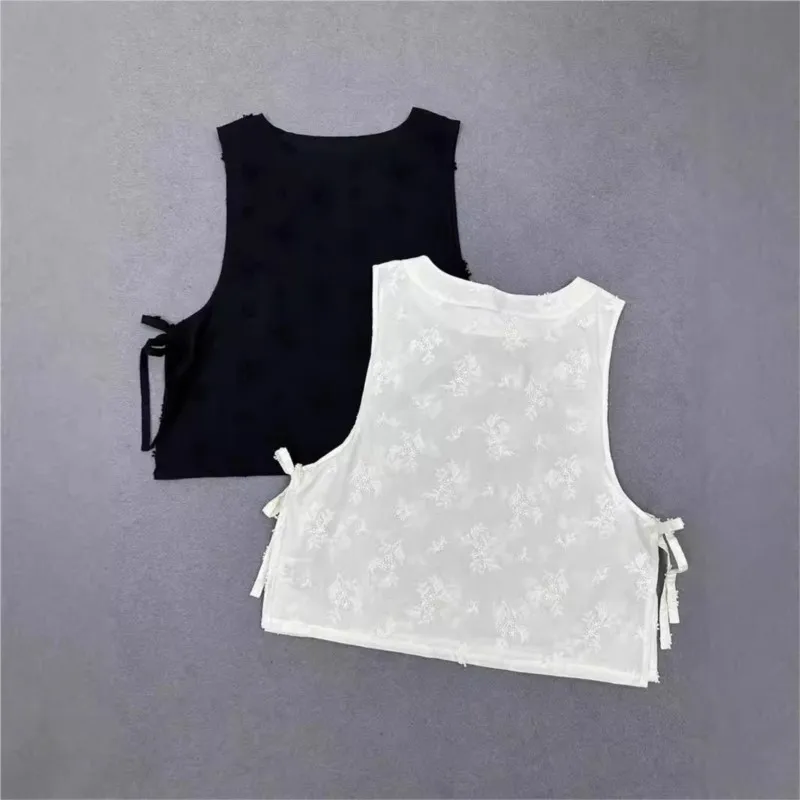 Johnature 2024 New Forest Three-dimensional Embroidery Side Tie Sleeveless Vest Pure Cotton Layered Sweet Sleeveless Vests