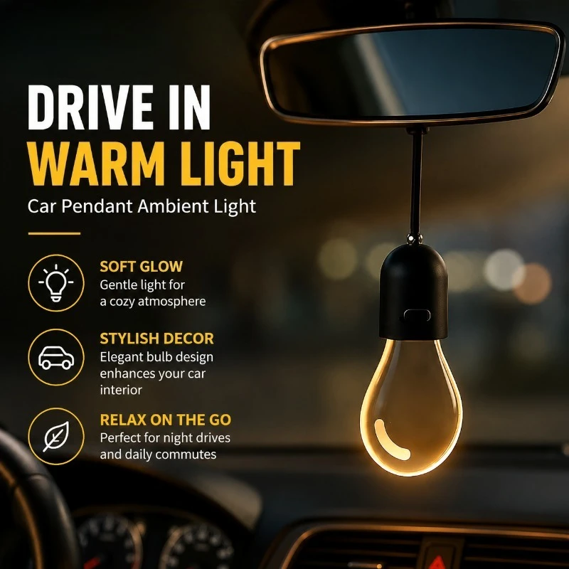 Lámpara Colgante para Auto, Elegante Luz Nocturna Ambiental LED con Forma de Bombilla, Lámpara Decorativa Colgante con Espejo de Brillo Suave para Vehículo