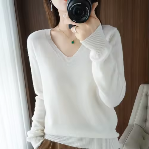 New Cashmere Women's V-neck Pullover Lace Neck Hollow Out Design Casual Knitted Long Sleeve Women's Sweater Autumn And Winter - Image 16