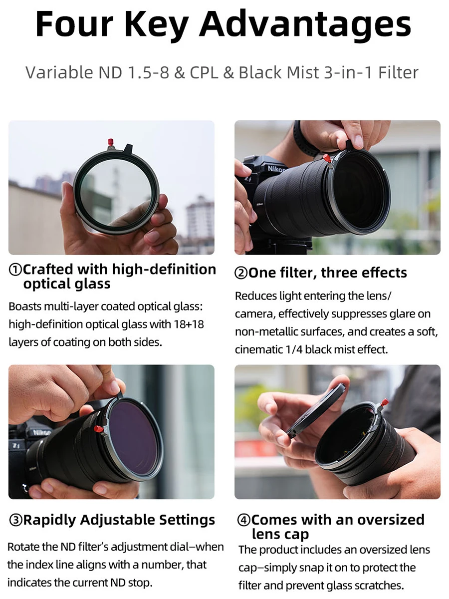 Kase 3 in 1 Variable ND3-256 (1.5-8 Stops) & Circular Polarizing Filter CPL & Black Mist 1/4 Filter for 43mm-82mm Camera Lens