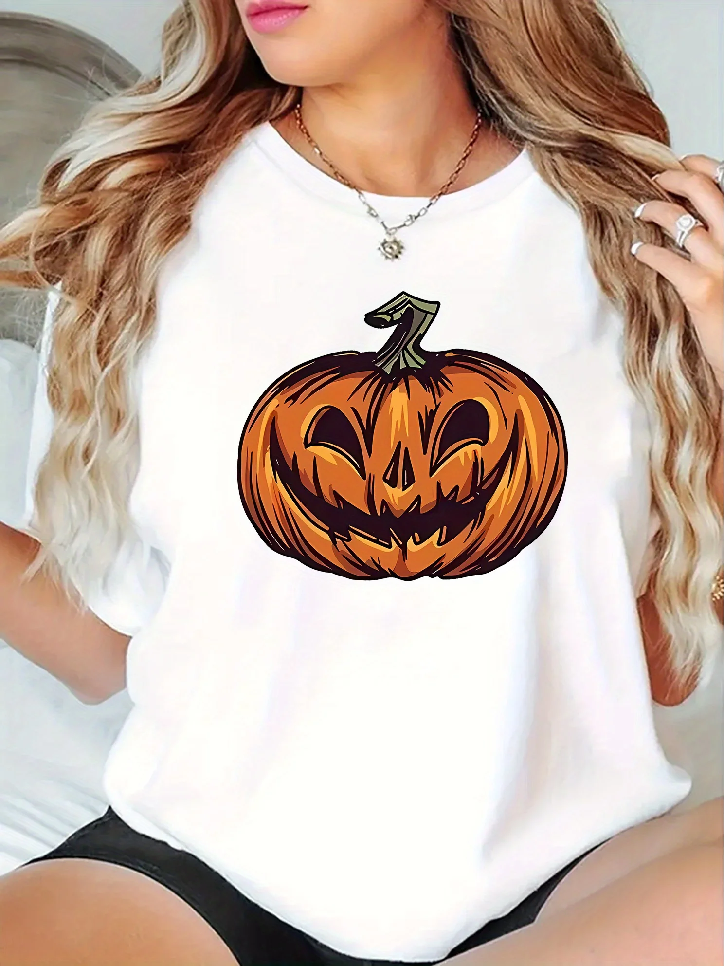 Женская смешанная футболка с рукавами и круглым вырезом, повседневный топ с принтом тыквы Джека-О'-фонарика для костюмов на Хэллоуин, повседневная одежда