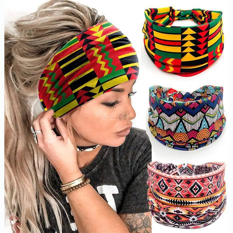 Banda para el cabello con estampado africano, turbante bohemio suave y cómodo de 15x24cm, banda para el cabello de Yoga, diseño único multicolor