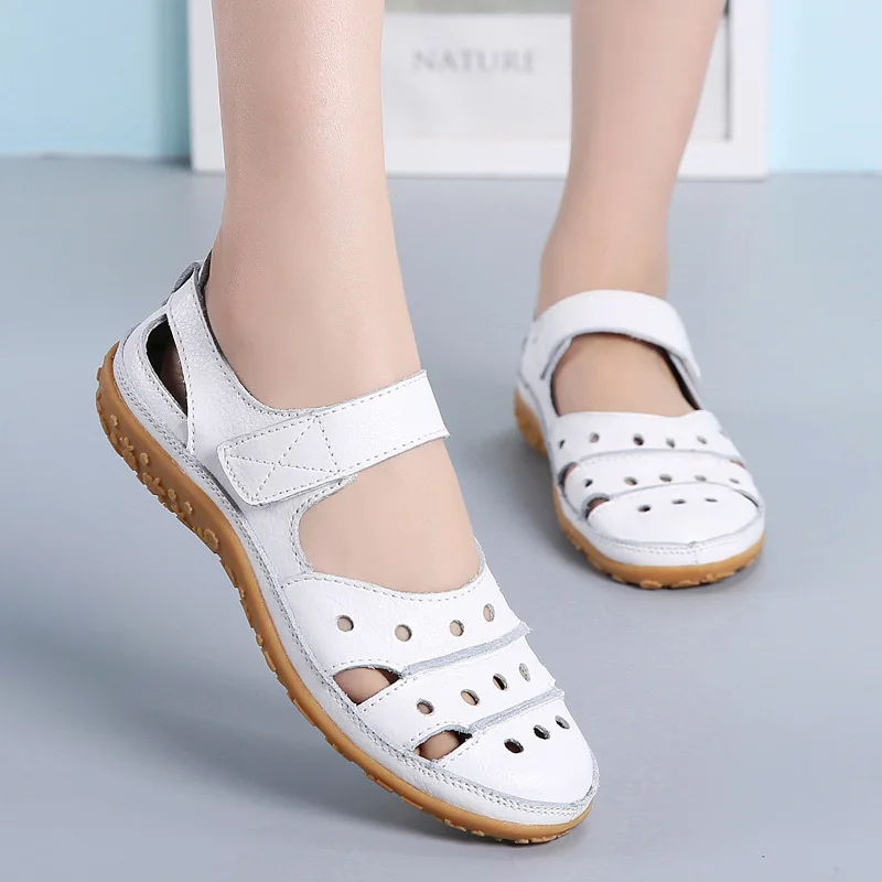 

2025 New Summer Ladies Sandals Breathable Hollow Genuine Leather Flat Shoes Nurse White Shoes Women Loafers Plus Size 42 WSH4370