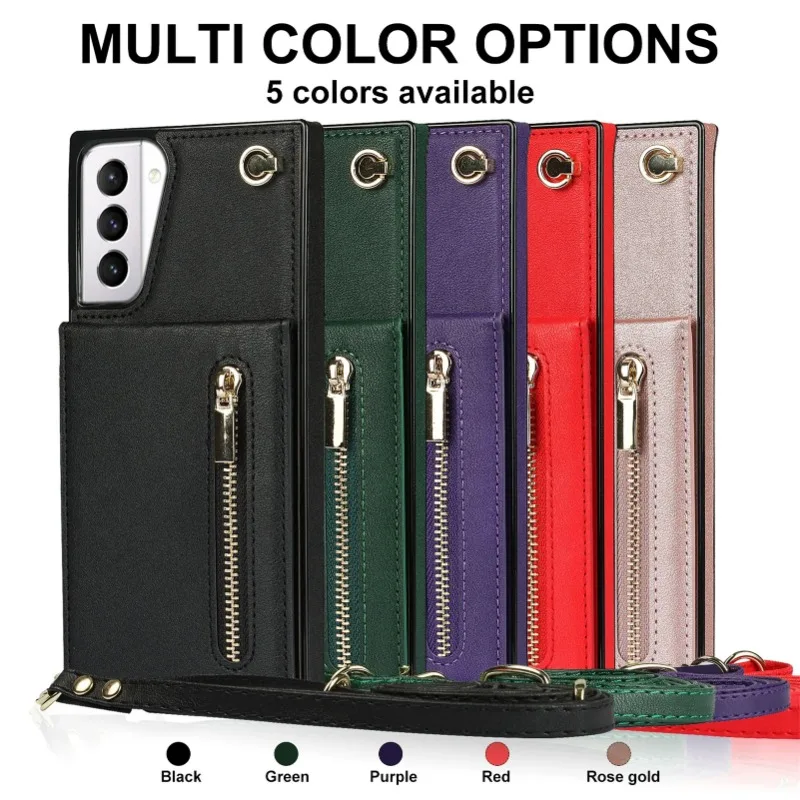 Zipper Wallet Case for Samsung Galaxy S21 S23 FE S22 S24 S25 S26 Plus Note 20 Ultra Card Holder Lanyard Crossbody Leather Cover