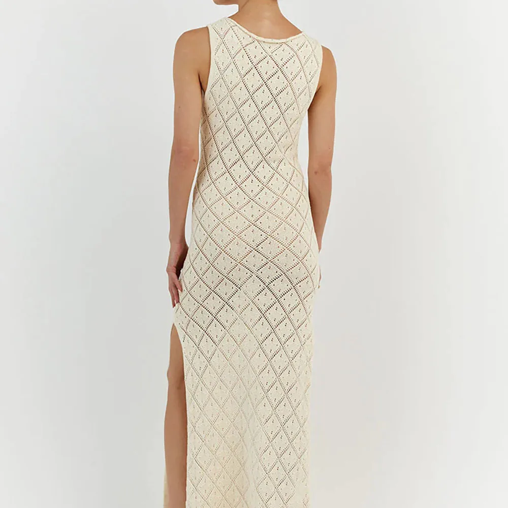 Vestidos femininos elegantes, transparentes, sexy, crochê, recorte, malha, gola redonda, sem mangas, alta qualidade, simples, vestidos de festa à noite