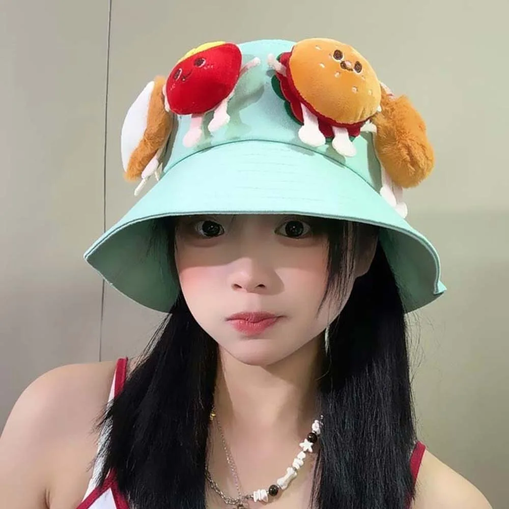 

Breathable Sunscreen Basin Cap Adjustable French Fries Hamburger Fisherman Hat Polyester Plush Doll Cartoon Sunshade Hat Summer