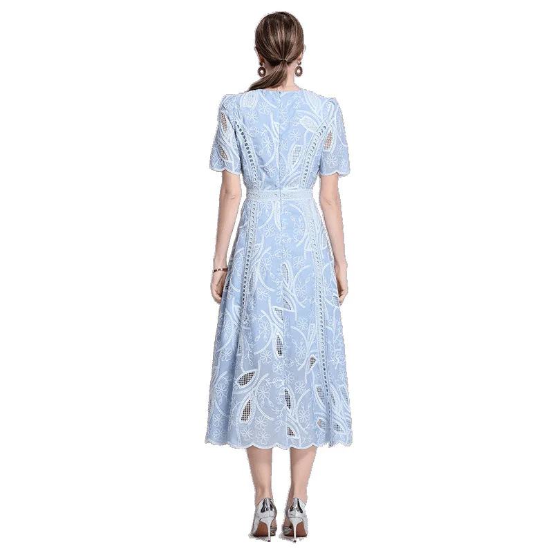 Summer Vintage Heavy Embroidery round Ne Waist Cinched ort Sve Dr Women Slimming Long Skirt Faionable Casual Dr