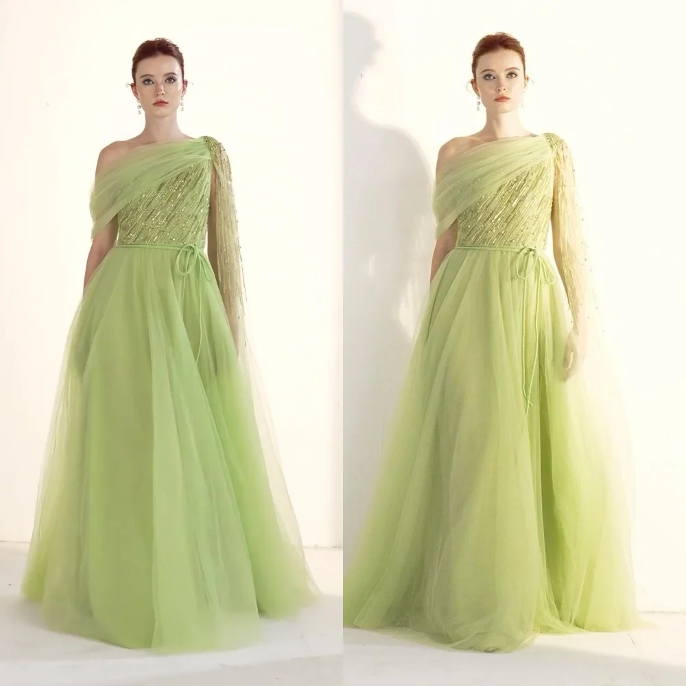 Customized  Exquisite Asymmetrical One-Shoulder A-line Evening Gown Sequin Skirts Tulle Customized Saudi Arabia es