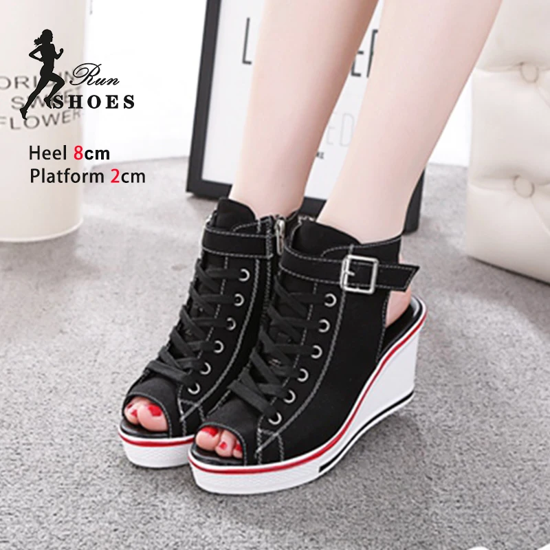 8CM Casual Canvas Shoes 2024 Spring Summer Sexy Peep Toe Hollow Women Shoes Breathable High-top Outdoor Platform Chaussure Femme