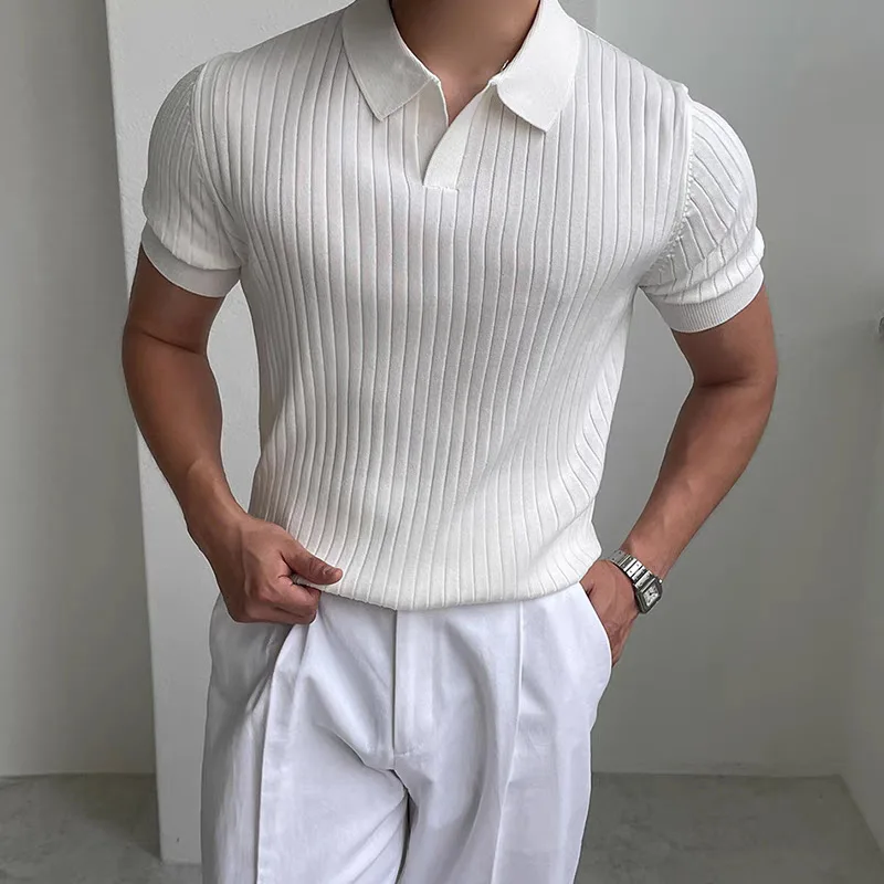 Man Summer Slim Fit Collared Polo Shirt Boys Korean Style Solid Short Sleeve Casual Top Men Casual Commuter Lightweight Shirt