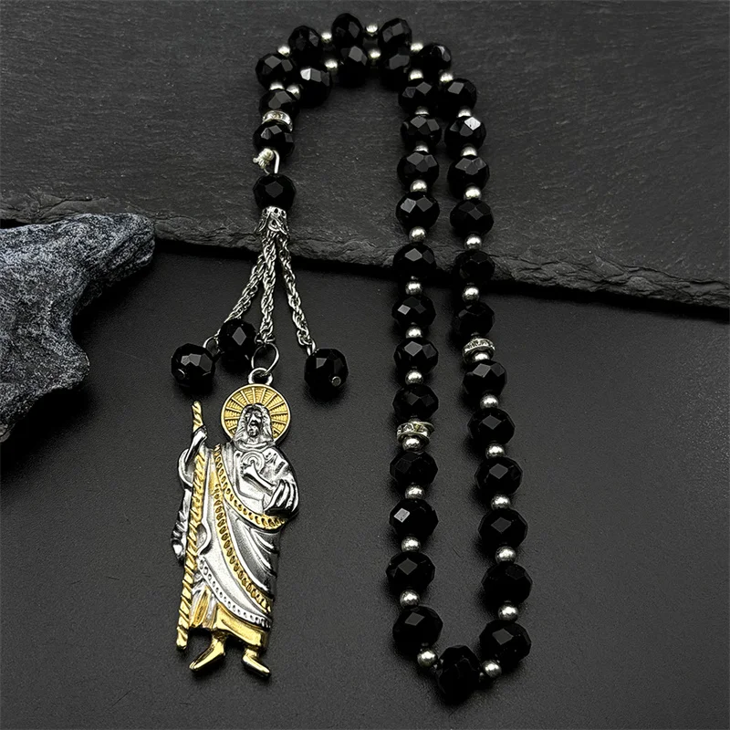 San Judas Tadeo Car Pendant Stainless Steel Gold Silver Color Saint Jude Thaddeus Glass Prayer Beads Chain Amulet Jewelry Gift