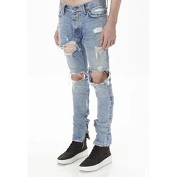 Men's Button Fly Zipper Leg Destroyed Distressed Ripped Hole Men Jeans