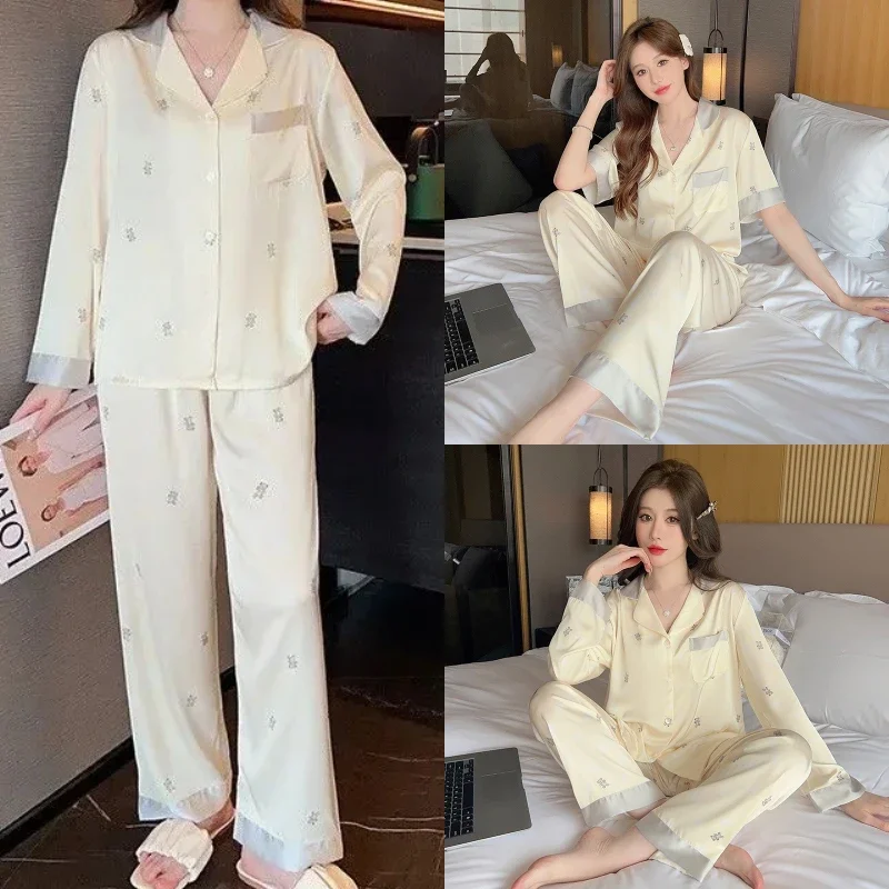 

Women's Spring Fall Two-Piece Pajamas Fashion Casual Simple Soft Cartoon Bear Ladies Skin-Friendly Comfortable Homewear Clothes