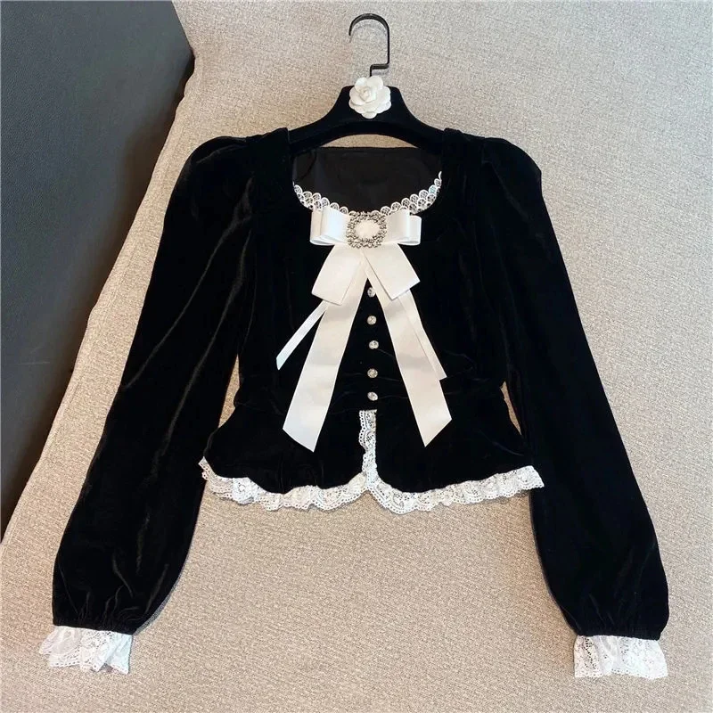 Lace Stitching Velvet Women Shirts French Elegant Bow Black Crop Blouses Fashion Long Sleeve V Neck Office Ladies Chic Tops New