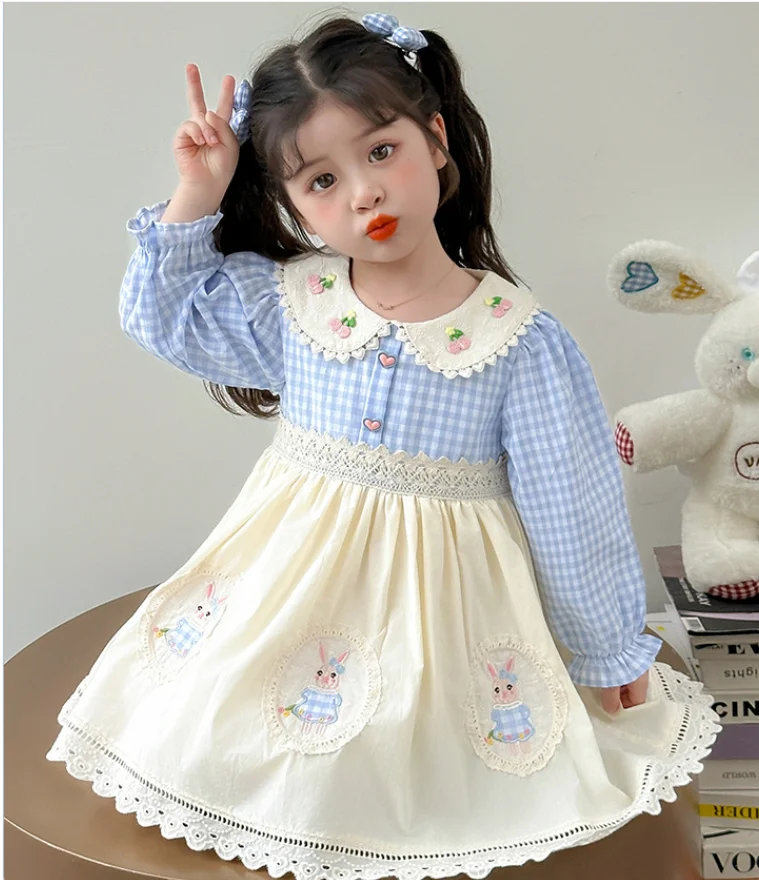 فستان كارتون منقوش باللون الأزرق بأكمام طويلة للأطفال حديثي الولادة، فساتين حفلات على الموضة للأميرة للأطفال 2-7 T