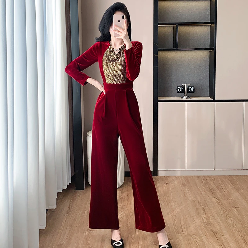 New Elegant Autumn Winter Velvet Patchwork Sequin Wide- Leg Jumpsuit Fashion Women O Neck Long Sleeve Pockets Party Rompers Pant