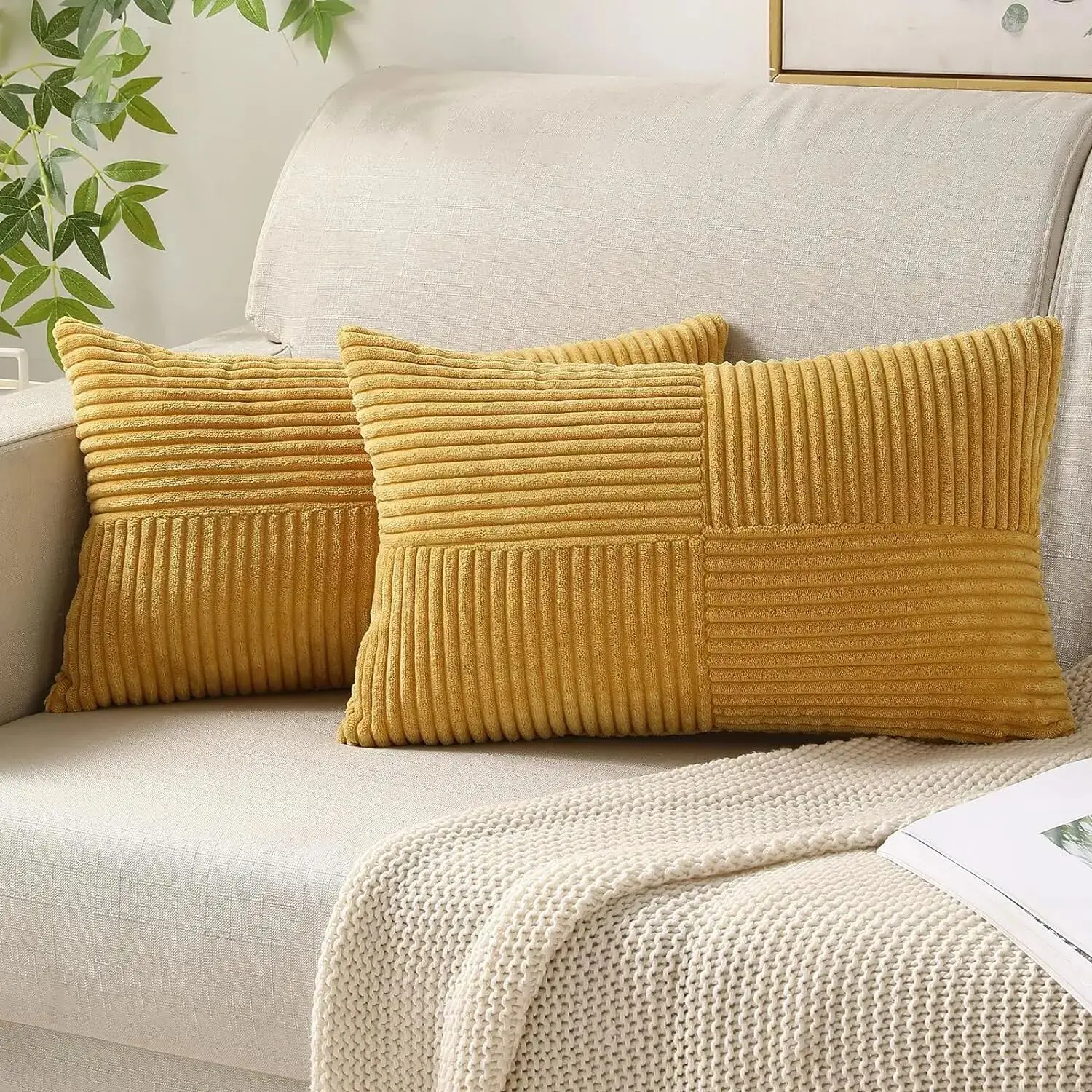 Textured Striped Patchwork Corduroy Throw Pillowcase for Lumbar Pillow Covers Cushion Cases Farmhouse Boho Decor