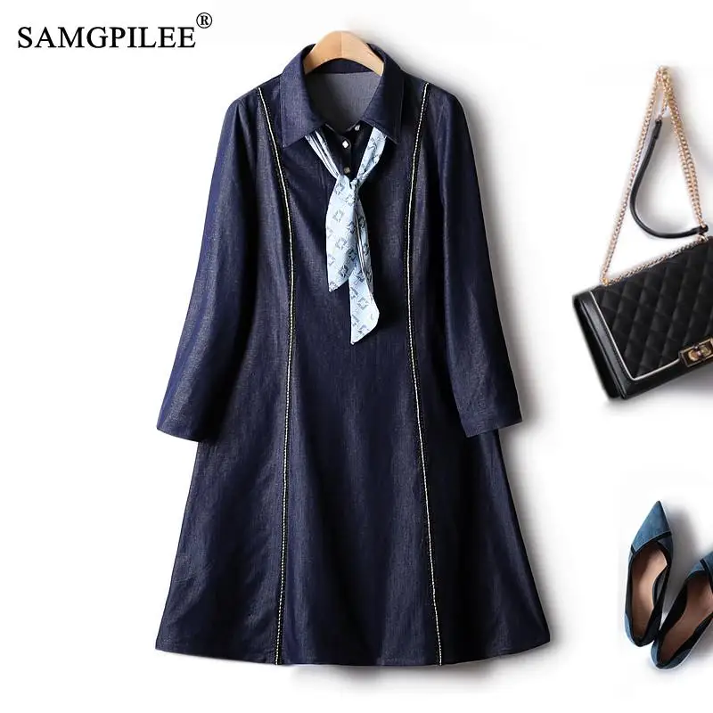 

Light Luxury European Retro Elegant Women's Dresses For Party 2022 Diamond Studded Denim Blue Lapel Scarf Decorated Midi Dress