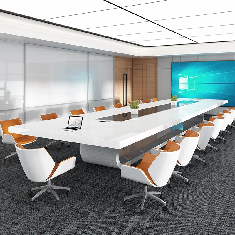 طاولة مؤتمرات مطلية، طاولة طويلة، جو بسيط وحديث، طاولة مستطيلة كبيرة ومجموعة كرسي