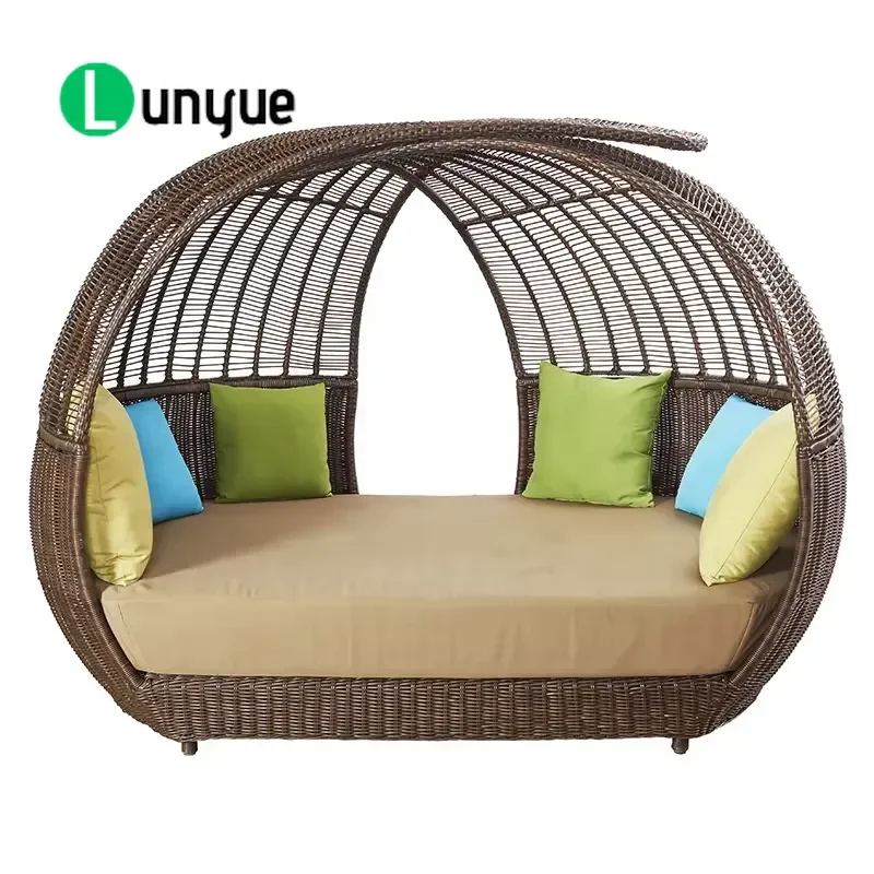 Luxury Brown Aluminum Rattan Round Recliner Sofa Bed Outdoor Wicker Sunbed Furniture for Poolside Beach Patio Garden