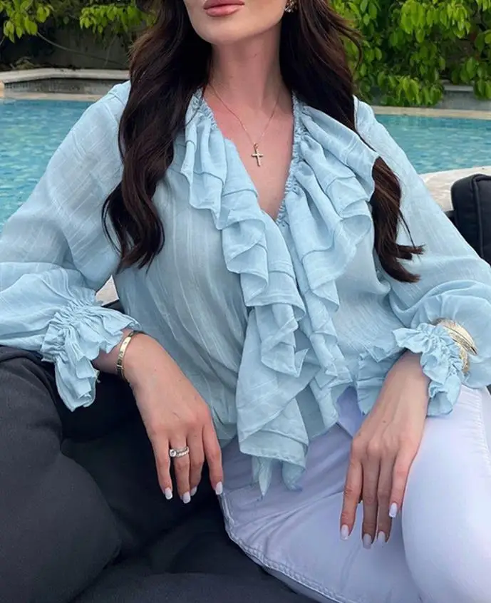 2025 Elegant Sex T-Shirts Pullover Tops Lace Up Plunge V Neck Ruffle Blouse Casual Drawstring Long Sleeve Top