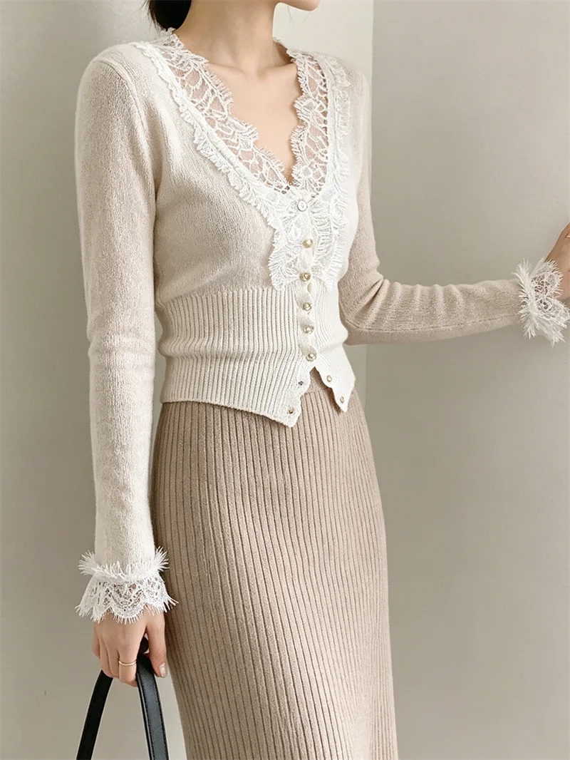 Damen-Strickoberteil mit V-Ausschnitt, Spitze, Patchwork, elastischem Stoff, elegante Oberbekleidung für Bürodamen, Herbst und Winter, gemütliches Strickoberteil SW3563 – Detail 3