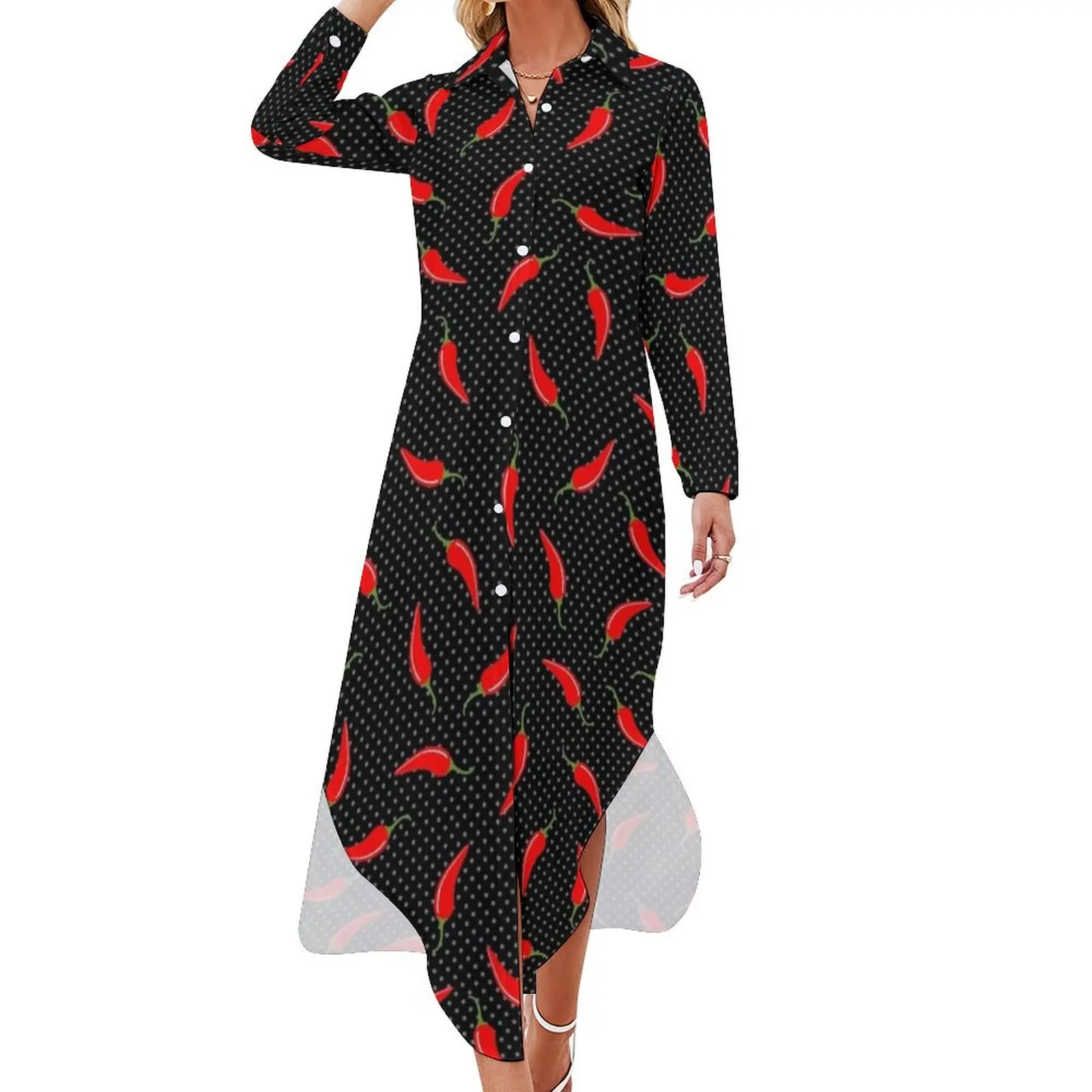 

Dark Red Pepper and Dots Long Sleeved Shirt Dress elegant chic wedding evening dresses Woman clothing