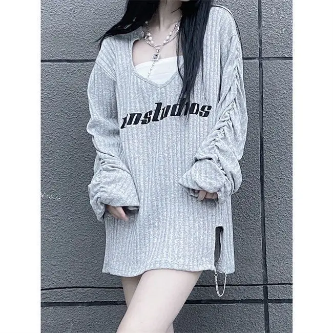 Streetwear Fashion Y2k Tops Aushöhlen Herz Puff Sleeve Gegabelten T Shirts Kette Frühling Herbst Brief Drucken Vintage Harajuku Tees