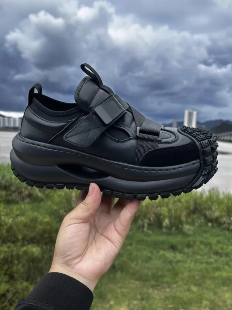 Mens Outdoor Platform Running Trainers Buckle Hook Loop Genuine Leather Sneakers Solid Color Comfortable Cushioning Sports Shoes