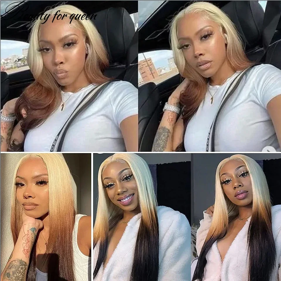 ﻿ 613 Ombre Blonde Highlight Brown Colored Lace 13x4 Lace Frontal WigHuman Hair Wig 100% Beautiful Girls Wearing Wigs Are Great