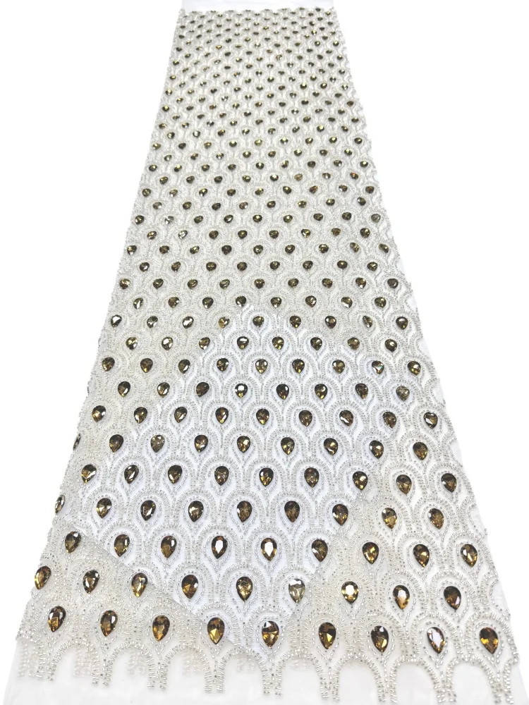 African Rhinestone Sequins Bead Embroidered French Mesh Fabric Lace  Handmade Heavy  Lace Fabric Fro Bridal Weddin