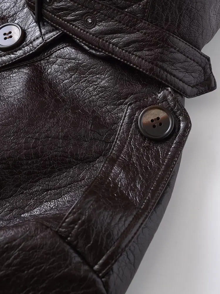 Women's Double Breasted Faux Leather Jacket Coat Long Sleeve Chic Top with Front Pockets Fashion Outerwear