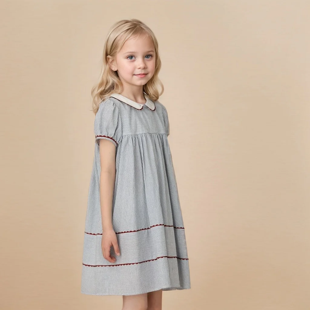 

Summer Big Girls Dress Pullover Doll Neck A-line Knee Length Striped Dresses Party Princess Costumes Kids Casual Clothes 4-10Y