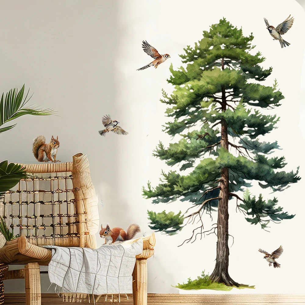 Large Pine Tree Squirrel Bird Wall Stickers Woodland Jungle Forest Wall Decal Bathroom Bedroom Living Room Home Wall Decor