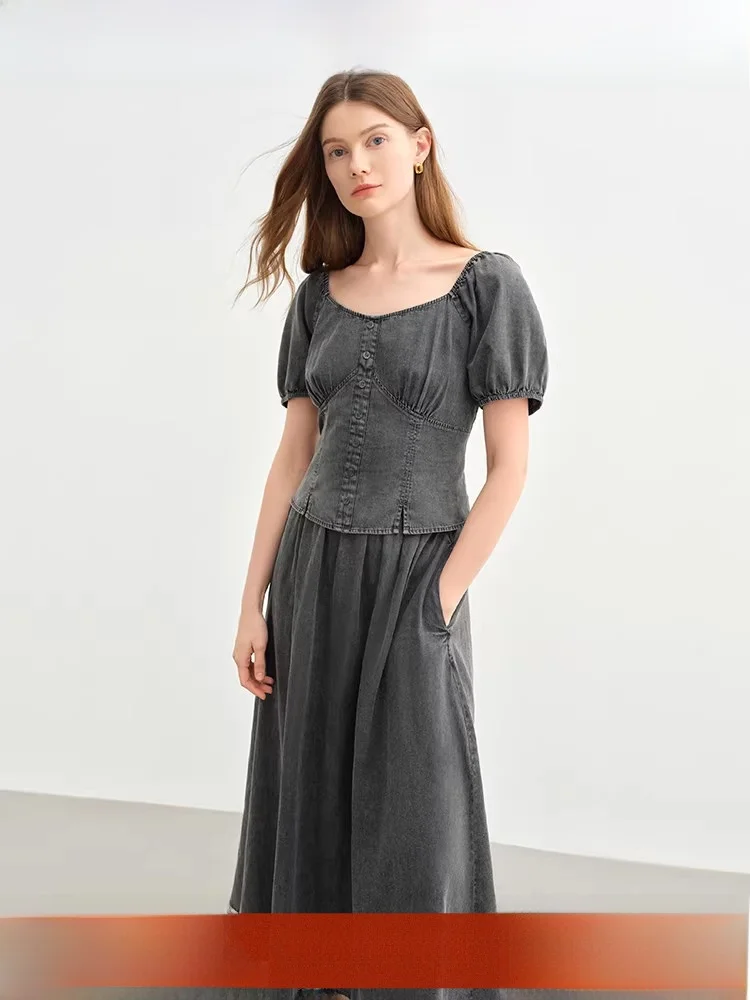 

Модный ретро-джинсовый комплект: юбка А-силуэта с высокой талией и топ, костюм-двойка для полных женщин, летняя новинка